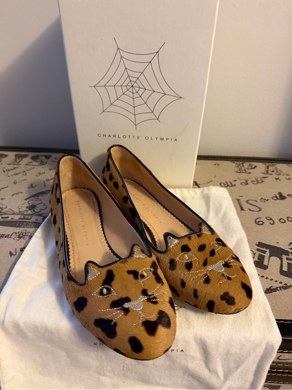 Charlotte Olympia Leopard Print Kitty Flats in Brown and Black
